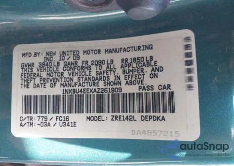 2010 Toyota Corolla Le из США, поврежденный, VIN 1NXBU4EEXAZ261909